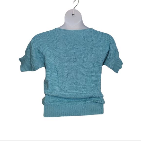 VINTAGE 90s blue‎ sweater floral intarsia short sleeve fitted waist S - Picture 3 of 8